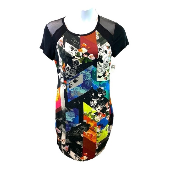 Trina Turk Womens Dress Colorful Floral Mod Cube Sheath SS Stretch Sz L NWT - Picture 1 of 9